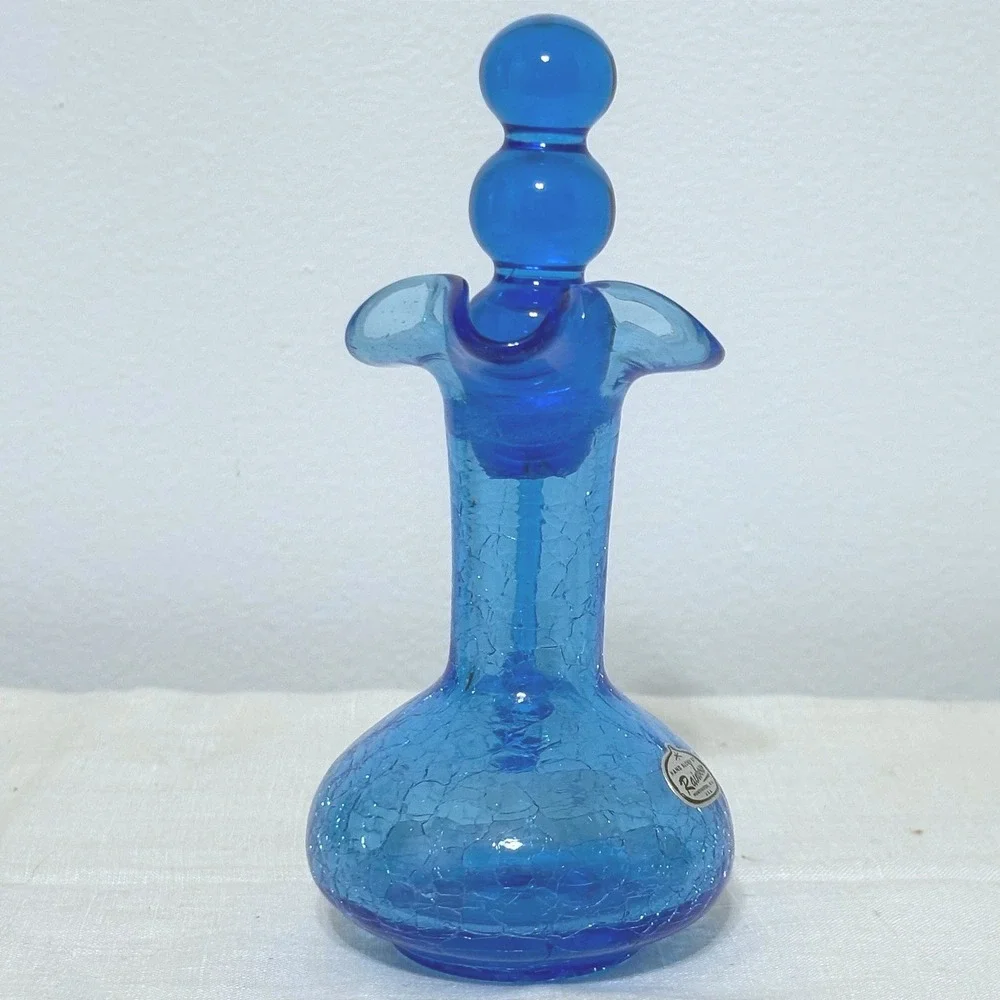 Rainbow Art Glass Cobalt Blue Crackle Glass Decanter Pitcher Triple Ball Stopper